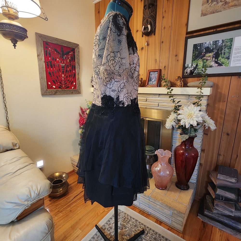 Marchesa Notte | Stunning Black Lace & Silk Tiered Mini - Size 14 - Picture 4 of 8